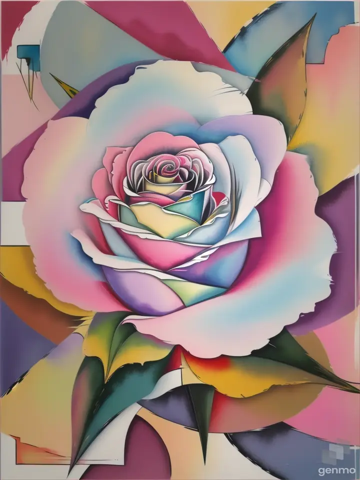 в стиле Пикассо. A mixed media painting of an abstracted A pop-art: роза. with white bold outlines. Фон: светлый поп-арт, пастель, watercolor.