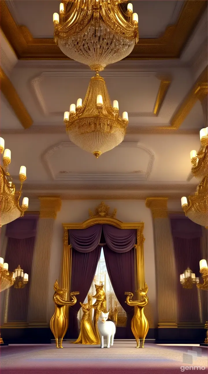 A group of cats in elegant dresses and stylish hairstyles attending a fancy party in a luxurious ballroom with chandeliers and classical decor