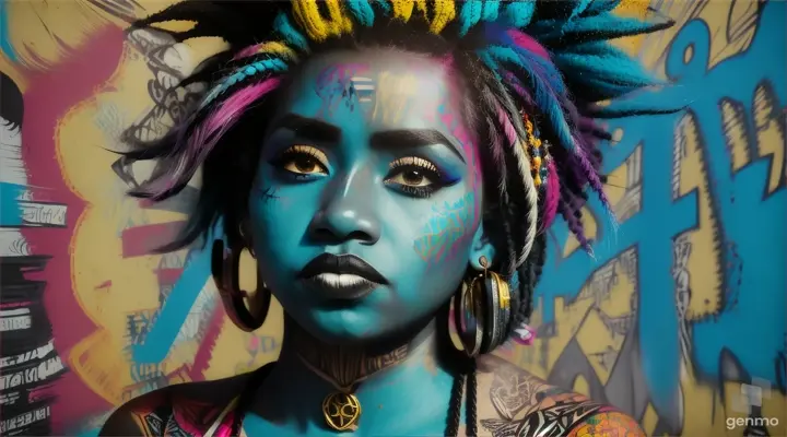 Afropunk, Oil paint, block print, graffiti art, abstract painting, color splashes, highly detailed, trending on artstation  bonita Yalitza Aparicio, Retrato de meio comprimento, Cabelo azul brilhante curto e desgrenhado, Sombra negra dos olhos, (Roupas Estilo Urbano:1.2), (Antecedentes da cidade:1.2), Maquiagem escura, Arte Digital, trends on artstation, altamente detalhado, Detalhe fino, intrincado, Belo brilho detalhado, detalhado, cinematiclight, high resolutions, detailed facial features,sharp focus, liso, aesthetic,