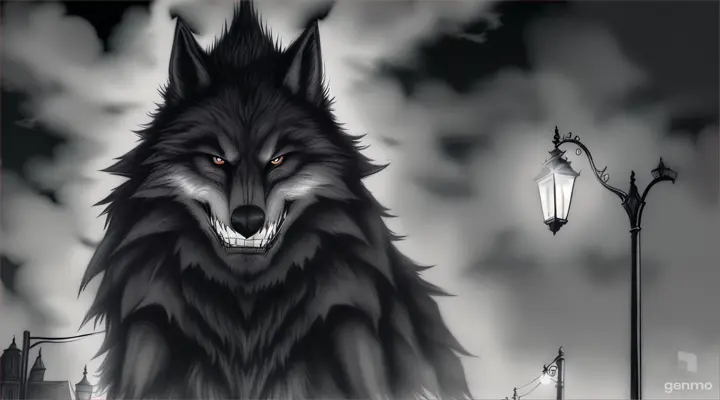 The devil watching. The face of the devil observes him from the darkness and the heights of the night sky between clouds with a serious face and teeth attached to his goatee and his aquiline nose at the werewolf, jumping clinging to a street lamp in the air in the darkness of the evening,. In a charcoal drawing style.”