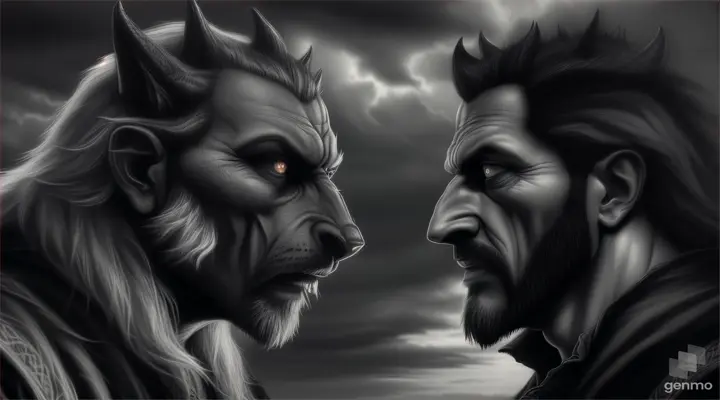The devil watching. The face of the devil observes him from the darkness and the heights of the night sky between clouds with a serious face and teeth attached to his goatee and his aquiline nose at the werewolf, jumping clinging to a street lamp in the air in the darkness of the evening,. In a charcoal drawing style.”