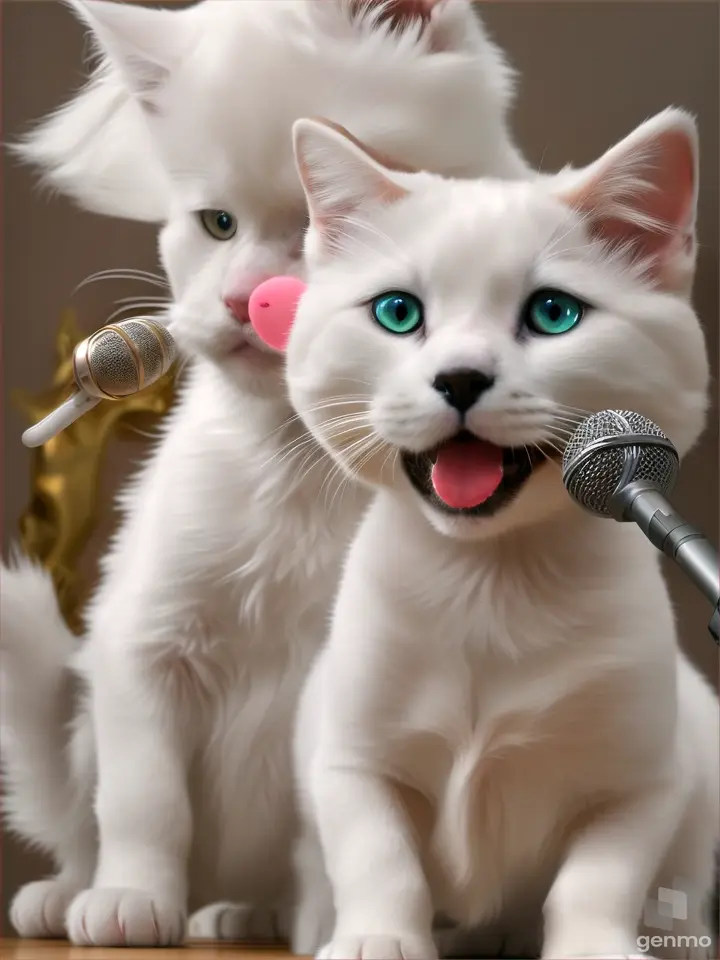 Cute puppy white cat Standing straight with mic also lisping 