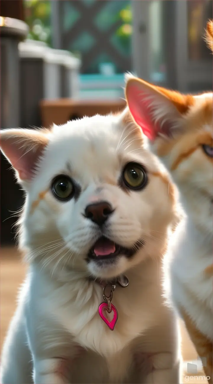 Cute puppy white cat Standing straight also talking 