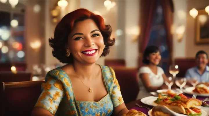  The woman laughing at the captain joke during a dinner date.