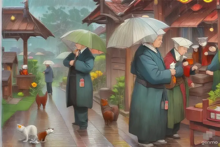 a painting of a man with an umbrella and a cat at raining 