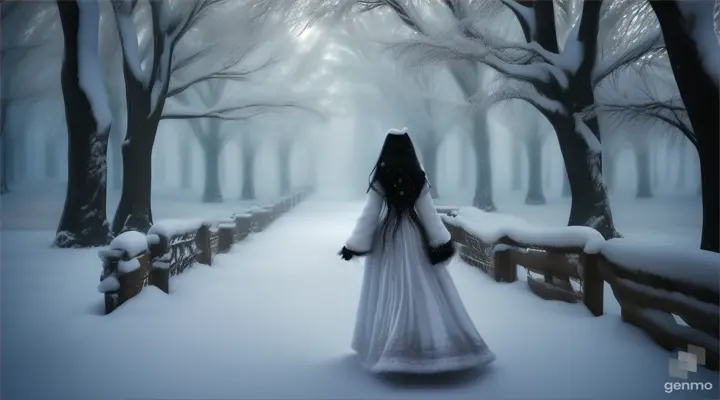 A girl with long black hair in a white dress makes her way through the frost (rear view)