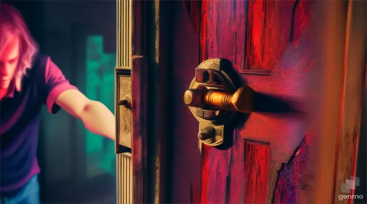 Characters desperately trying to open a locked door that won't budge