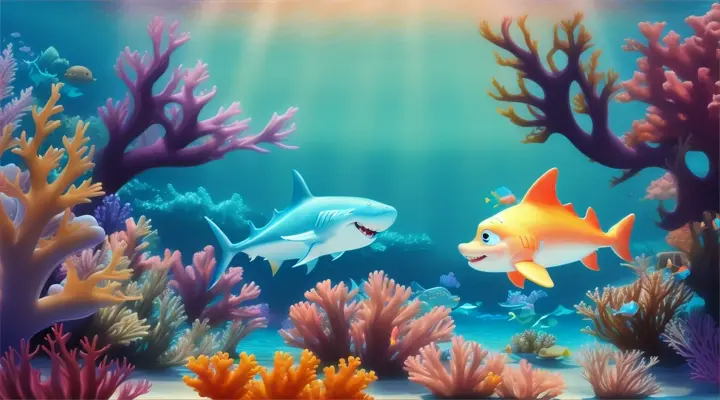 A cartoon baby sharks swimming in a fantasy ocean