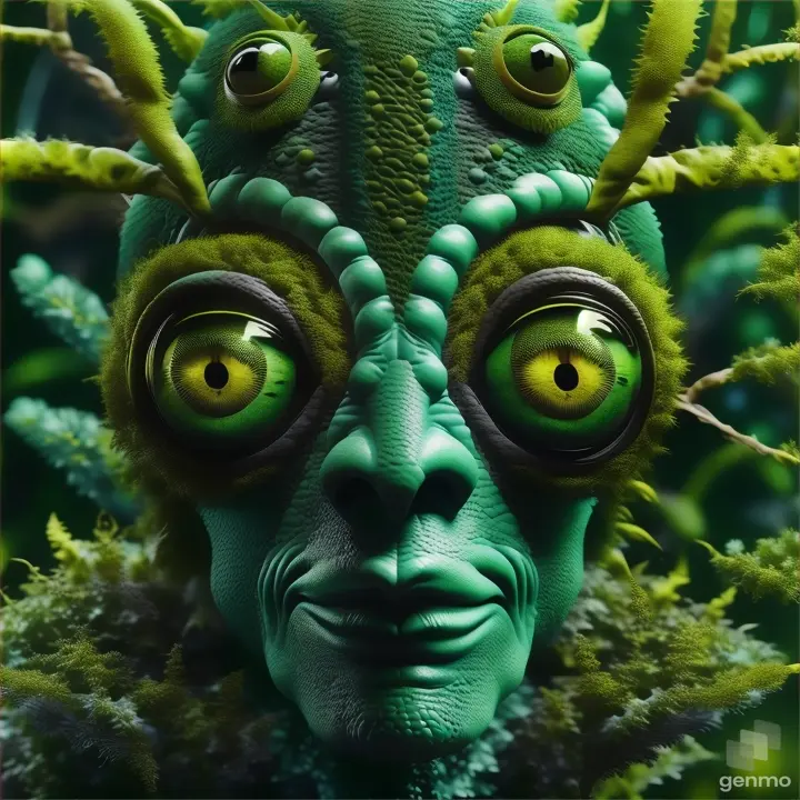 a Emotionally singing green creature with large yellow eyes and green hair