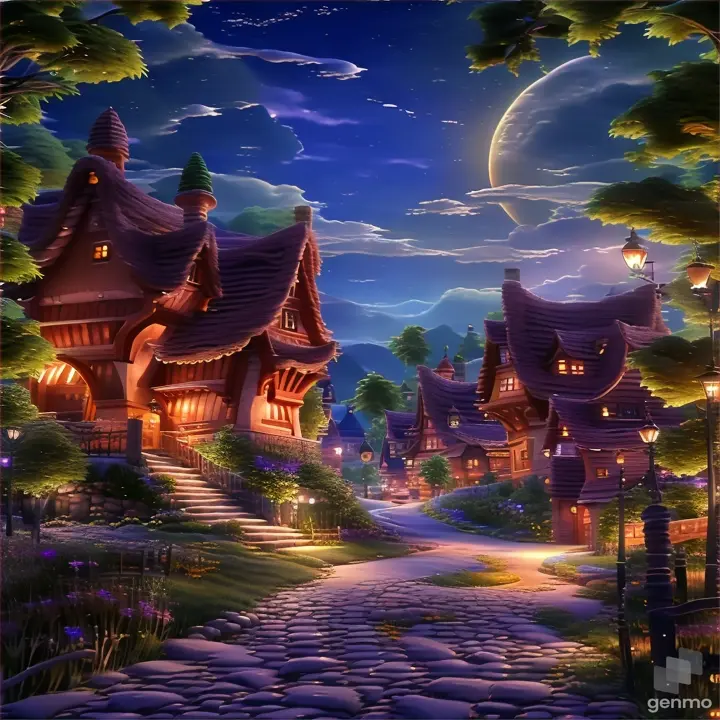 a night scene with a cobblestone road leading to a village, make the scene moving 