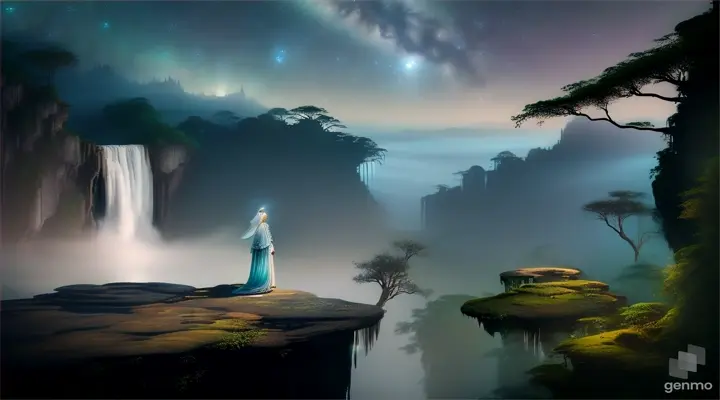 An ethereal being overlooking a jungle waterfall, surrounded by a starry sky and a gentle mist