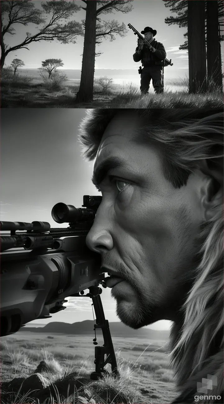 Scene 2: Conflict Emerges
[David sets up a hidden blind, aiming his rifle towards a distant target. Simba prowls in the shadows, unaware of the imminent danger lurking nearby. Tension builds as the hunter prepares to take his shot.]