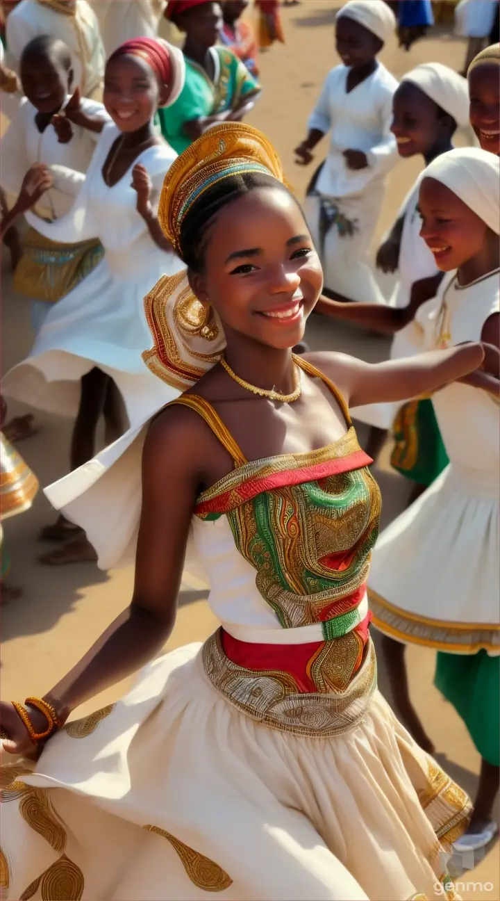 A black village African girl in white gown dancing with pro laughing and smiling in the village at day 