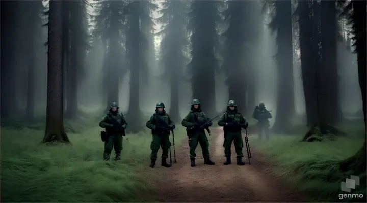 Some forest guards doing duty outside a dense dark forest Some forest guards doing duty outside a dense dark forest 