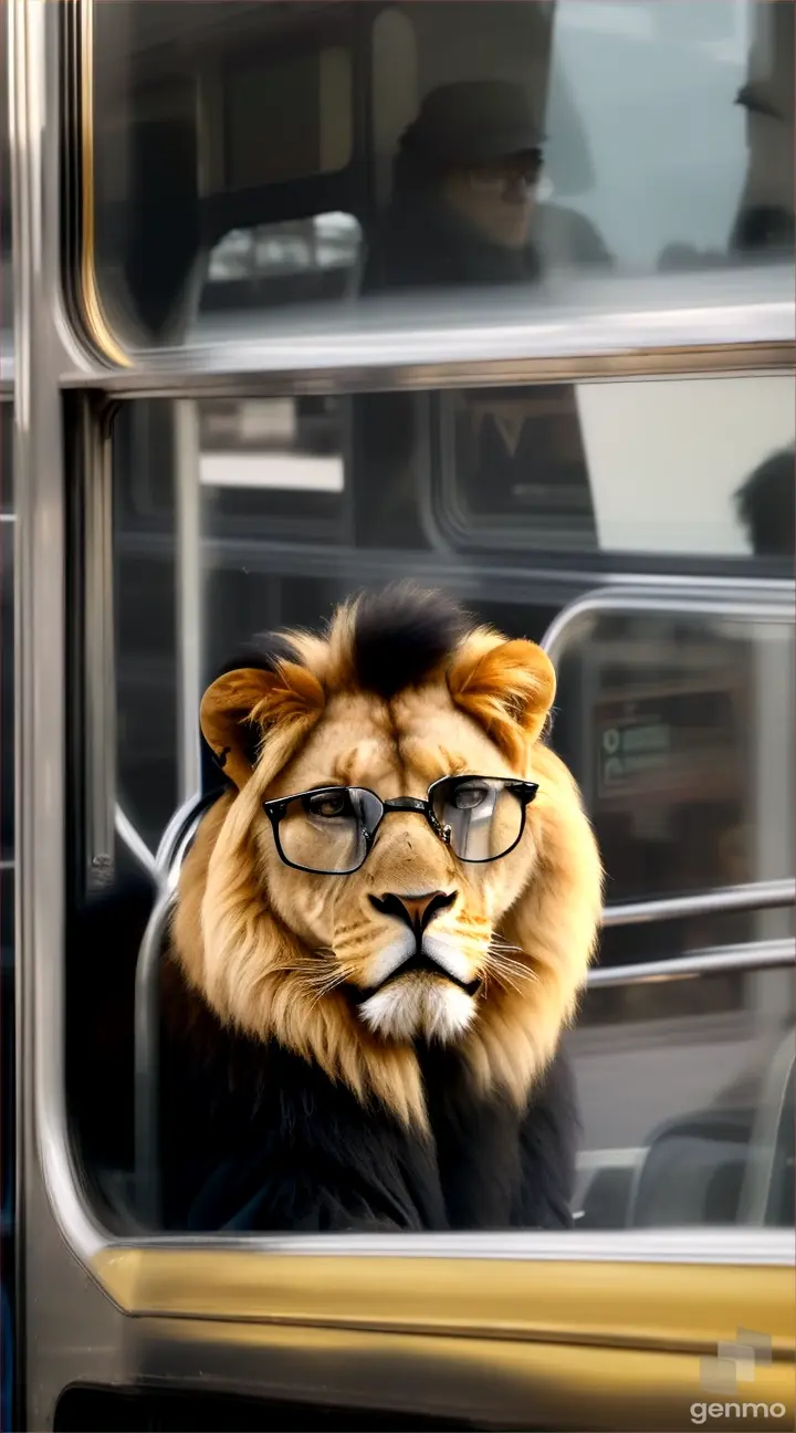 A lion wearing glasses is travelling on a bus.