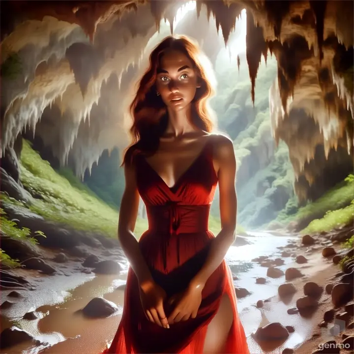 a woman in a red dress standing in a cave