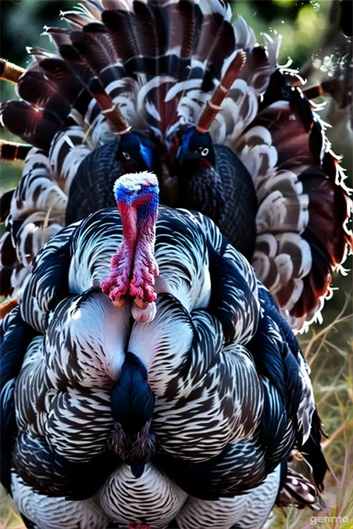 a couple of turkeys that are standing in the grass