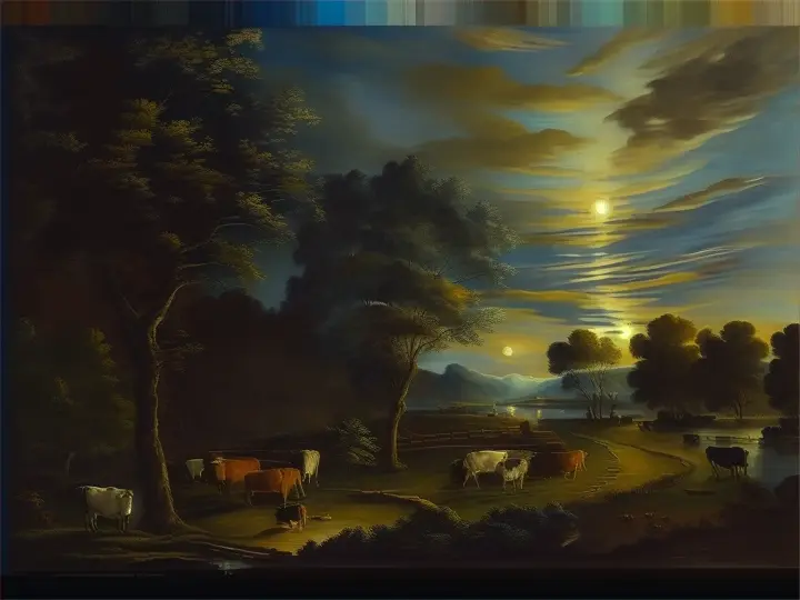 a painting of a night scene with cows grazing in the foreground