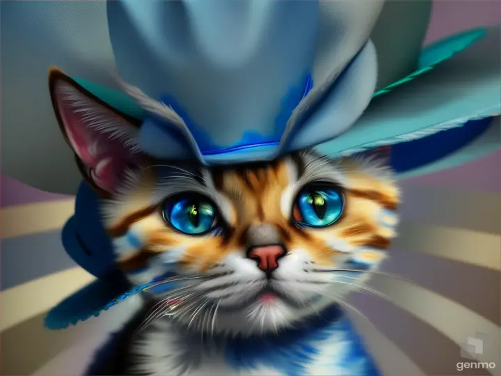 a painting of a blue kitten wearing a hat