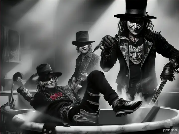 In the scene, Freddy Krueger from 'A Nightmare on Elm Street' stands behind Slash, the guitarist from Guns N' Roses, who is comfortably lounging inside the bathtub. Freddy menacingly looks at Slash with his bladed glove.SlashHe is sitting in the bathtub without a shirt surrounded by foam in a placid manner.".t In a charcoal drawing style 