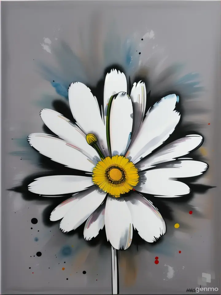 в стиле Пикассо. A mixed media painting of an abstracted A pop-art: белая ромашка со стеблем. with white bold outlines. Фон: серый поп-арт, watercolor.