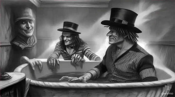 In the scene, Freddy Krueger from 'A Nightmare on Elm Street' stands behind Slash, the guitarist from Guns N' Roses, who is comfortably lounging inside the bathtub. Freddy menacingly looks at Slash with his bladed glove.SlashHe is sitting in the bathtub without a shirt surrounded by foam in a placid manner.Freddy, He is wearing his striped sweater without a jacket and his glove on his hand with steel blades, his hand is in an upward position showing the glove in a threatening manner.Slash with his taur-style top hat and his long, black hair,Freddy, with his semi-broken felt hat and his macabre smile with his eyes wide open as he watches Slash bathing in a sea of foam t In a charcoal drawing style