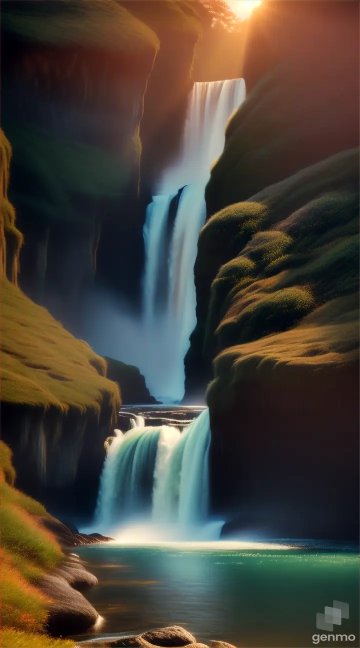 landscape, nature, waterfall, dynamic light, realistic terrain. highly detailed .sunset, sunset --auto --s2