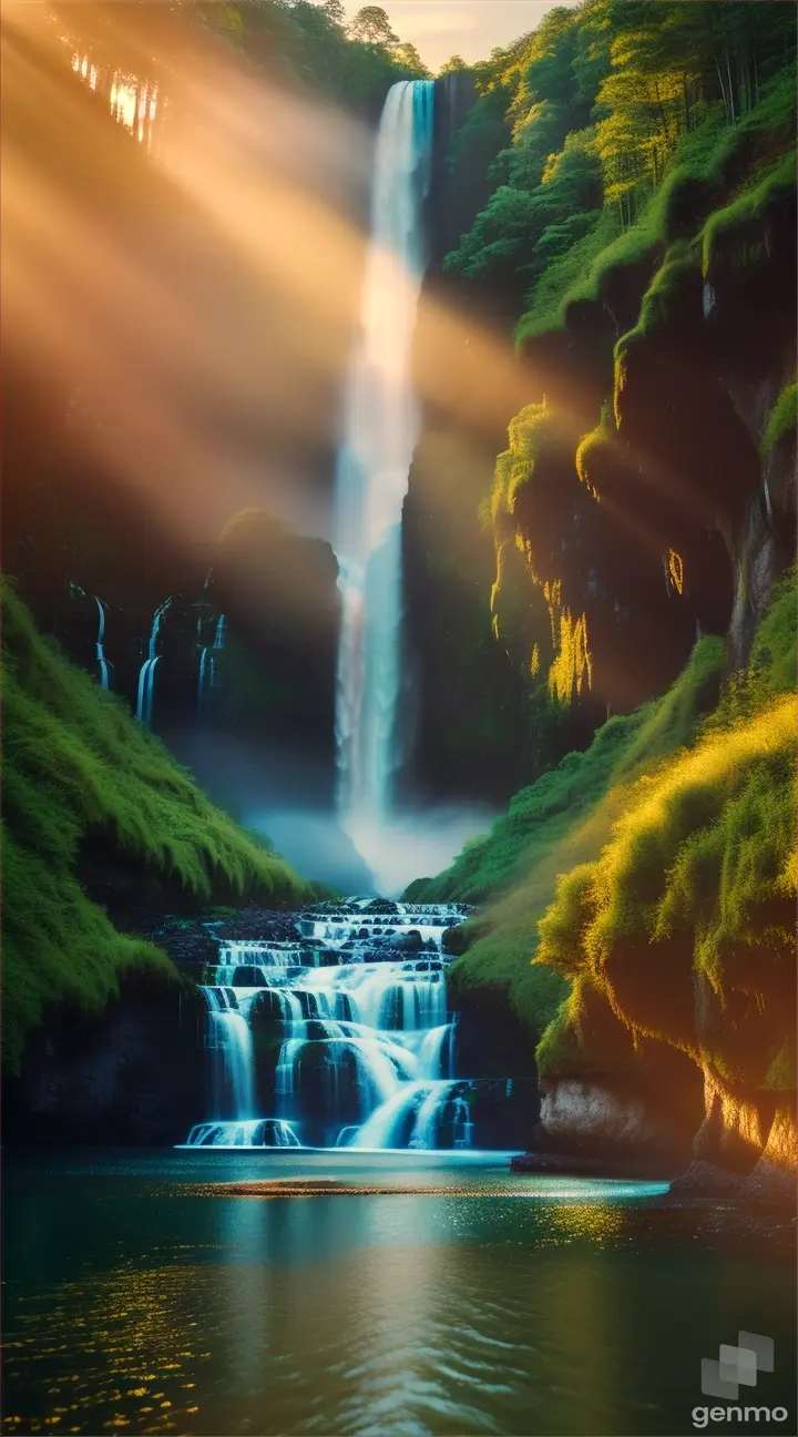 landscape, nature, waterfall, dynamic light, realistic terrain. highly detailed .sunset, sunset --auto --s2