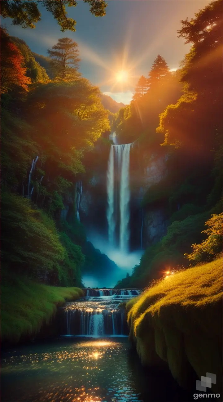 landscape, nature, waterfall, dynamic light, realistic terrain. highly detailed .sunset, sunset --auto --s2