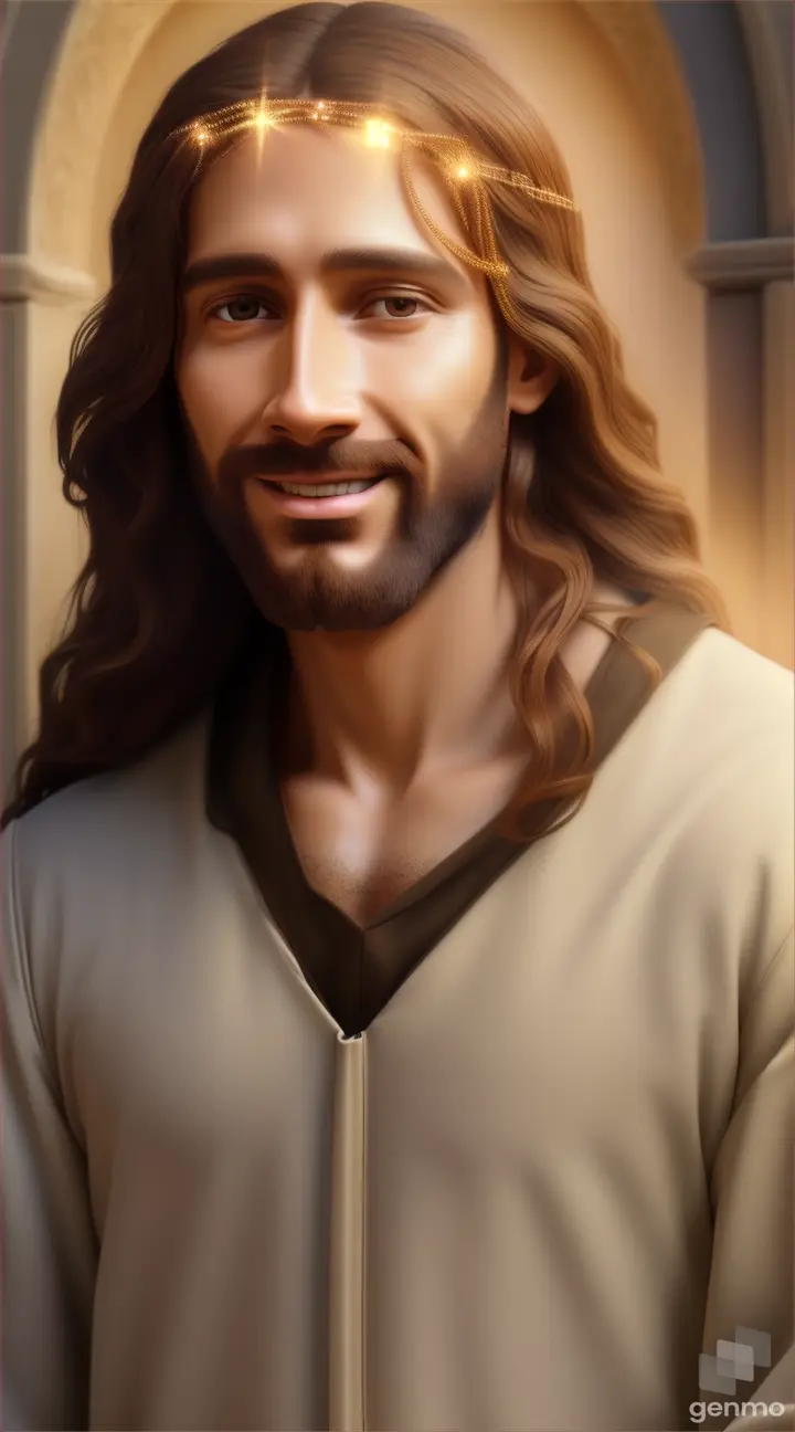 Rostro de Jesús sonriendo primer plano ojos marrones imagen realista 8k en movimiento rodeado de luz