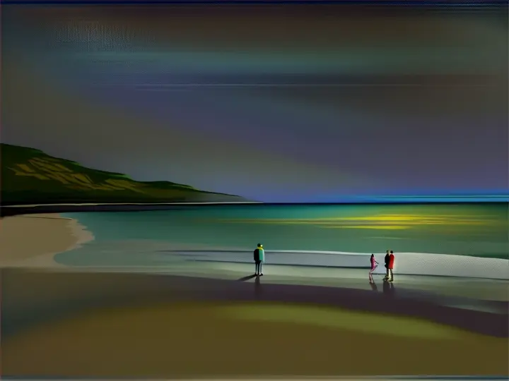 a painting of two people standing on a beach at night