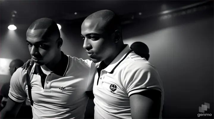 Skinheads in polo shirts dancing in a starkly lit, high-contrast London pub, with deep blacks and bright whites creating a Sin City-inspired chiaroscuro effect