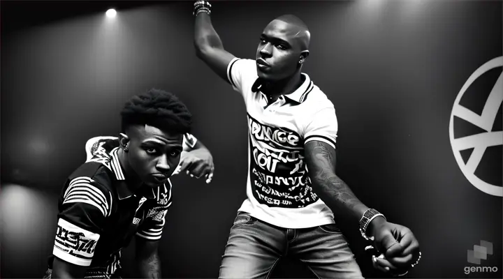 black Skinhead in polo shirts, jeans and boots dancing in a starkly lit pub, high-contrast London pub, with deep blacks and bright whites creating a Sin City-inspired chiaroscuro effect, mosh pit, 