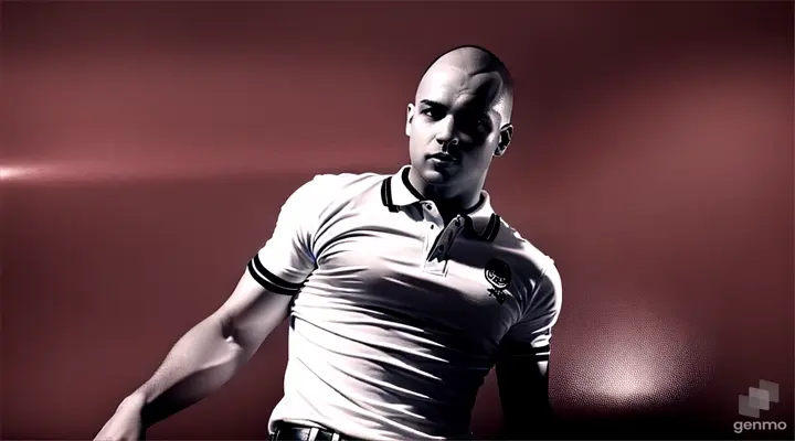 one Skinhead in polo shirt morphing from black to white, jeans and boots dancing in a packed pub, high-contrast, with deep blacks and bright whites creating a Sin City-inspired chiaroscuro effect, close up,