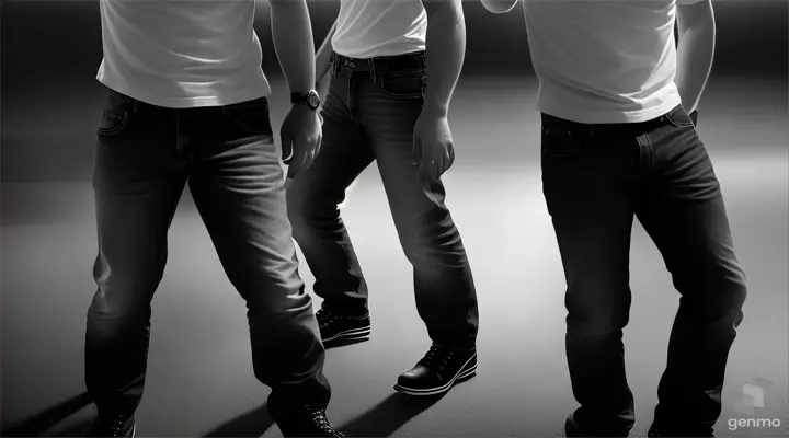 skinheads in polo shirts, jeans, and boots, stamping their feet to music, monochrom, 