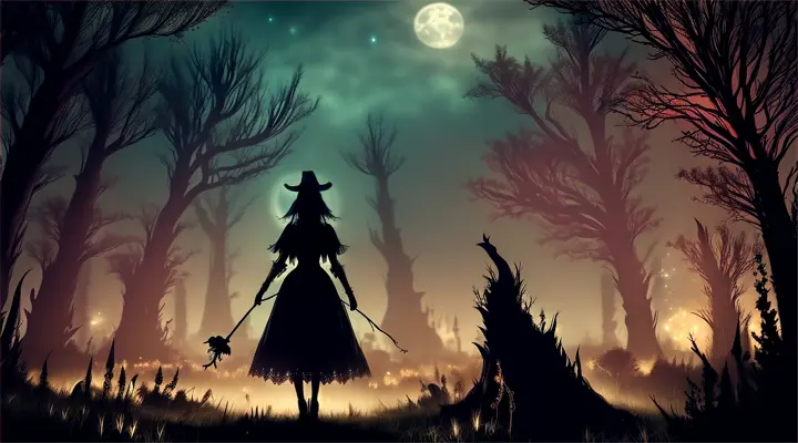 A witch silhouette standing in a dark garden during a full moon, surrounded by mystical plants and the light of fireflies