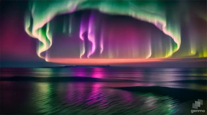 A beautiful aurora borealis over an ocean, with a submerged nuclear explosion creating tendrils of iridescent light