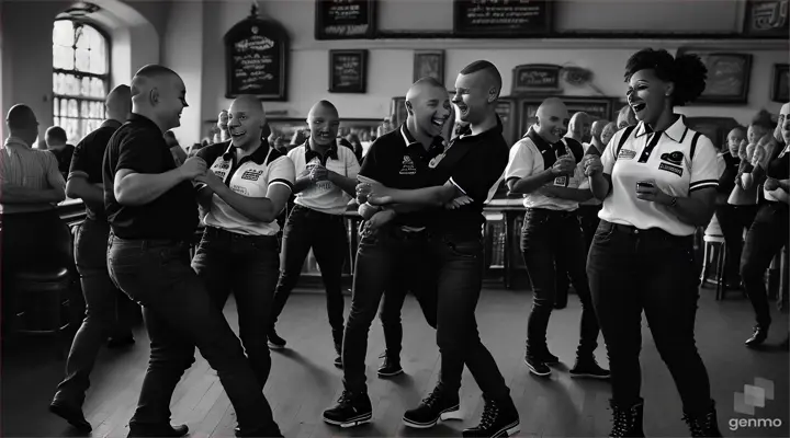 morthyng group of happy skinheads both black and white, male and female, dancing, dr martin boots and jeans, monochrome, in an old english pub, beer spilling from pint glasses, polo shirts, 