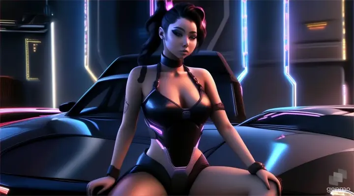 a woman sitting on top of a car in a futuristic setting