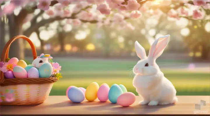 Blank empty wood table top with bunny rabbit and basket of easter eggs with blurred spring tree background แนวนอน