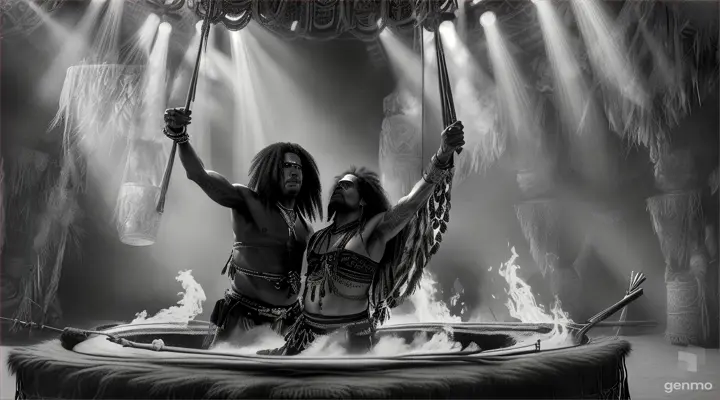 Axel y Slash, the world-renowned singer and guitarist are tied inside a large cauldron suspended over a roaring fire. The flames cast flickering shadows on their horrified faces. A tribe of natives, dressed in tribal attire and with intimidating gestures, surrounds them with expressions of anticipation and mystery. The beat of drums fills the air, creating an atmosphere of tension and excitement. Axel and Slash struggle desperately against their bonds, aware that their fate hangs by a thread as the natives watch them with a mix of curiosity and anticipation. The scene is rendered in a style reminiscent of charcoal, adding a sense of darkness and foreboding to the perilous situation."