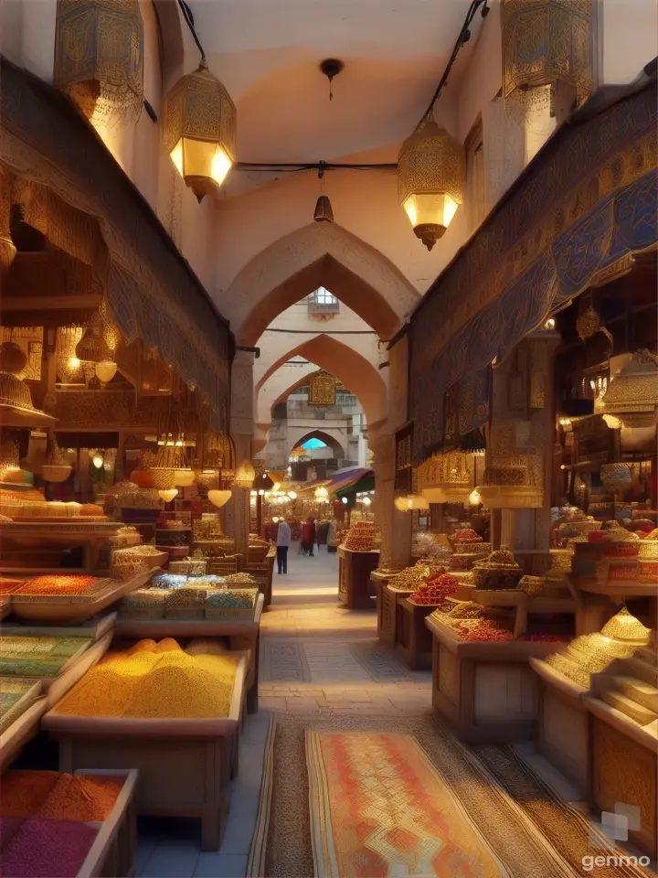 Show a bustling ancient marketplace, with merchants selling goods in a vibrant bazaar. Ensure the scene depicts the architecture, clothing, and cultural elements characteristic of the chosen ancient civilization