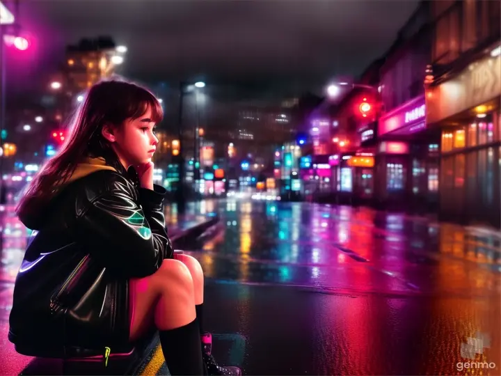 A sad girl sitting alone in a brightly lit neon cityscape on a rainy night