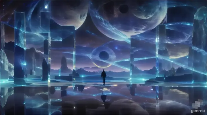 a man is standing in the middle of a space landscape, Saturn, neon , mirror arches to another world , Abstract surreal cosmic, blue and navy, everything Material is transparent glass, Metallic mirror