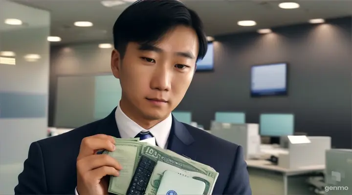 Asian office worker looking at building with many expense figures and holding a wallet A worried expression