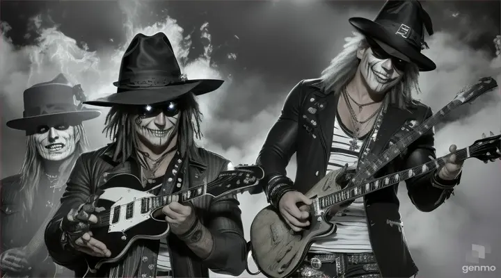 Frederick Krueger Nightmare on Elm Stree Standing t. With his lucky cross stripes, his glove similar to those of a leather baseball with the steel blades that come out of the glove and his fedora hat, he observes with his burned face full of scars and his eyes wide open like crazy to Axel and Slash from the rock group Guns N' Roses terrifying Freddy watches from behind as Slash and Axel play guitar while sitting on a grave Halloween style atmosphere in charcoal drawing with Screch effect general plane 