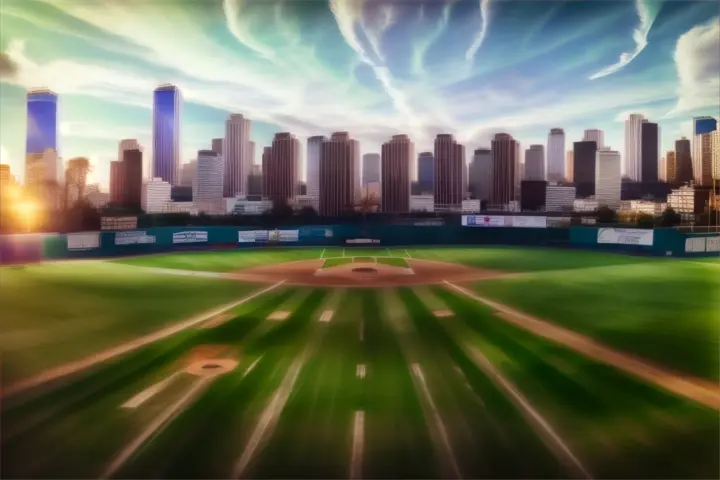 a baseball field with a city in the background