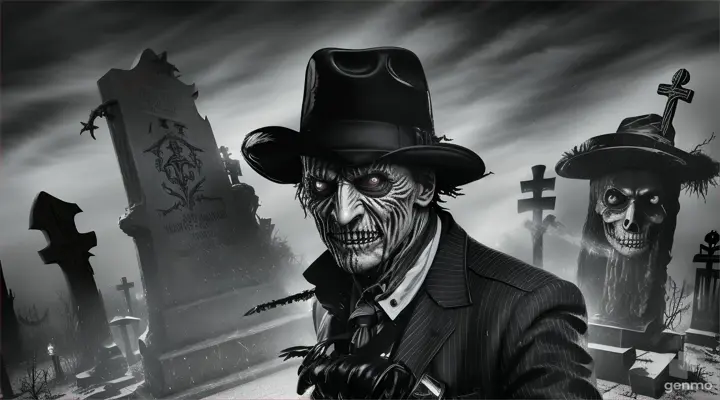 Frederick Krueger Nightmare on Elm Stree Standing t. With his lucky cross stripes, his glove similar to those of a leather baseball with the steel blades that come out of the glove and his fedora hat, he observes with his burned face full of scars and his eyes wide open like crazy to Axel and Slash from the rock group Guns N' Roses terrifying Freddy watches from behind as Slash and Axel play guitar while sitting on a grave Halloween style atmosphere in charcoal drawing with Screch effect general plane