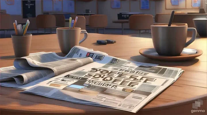 a wooden table topped with a cup of coffee and a newspaper