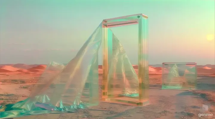 mirror gate in the desert and a delicate piece of fabric gently billows, carrying with it thin and softness, fabric